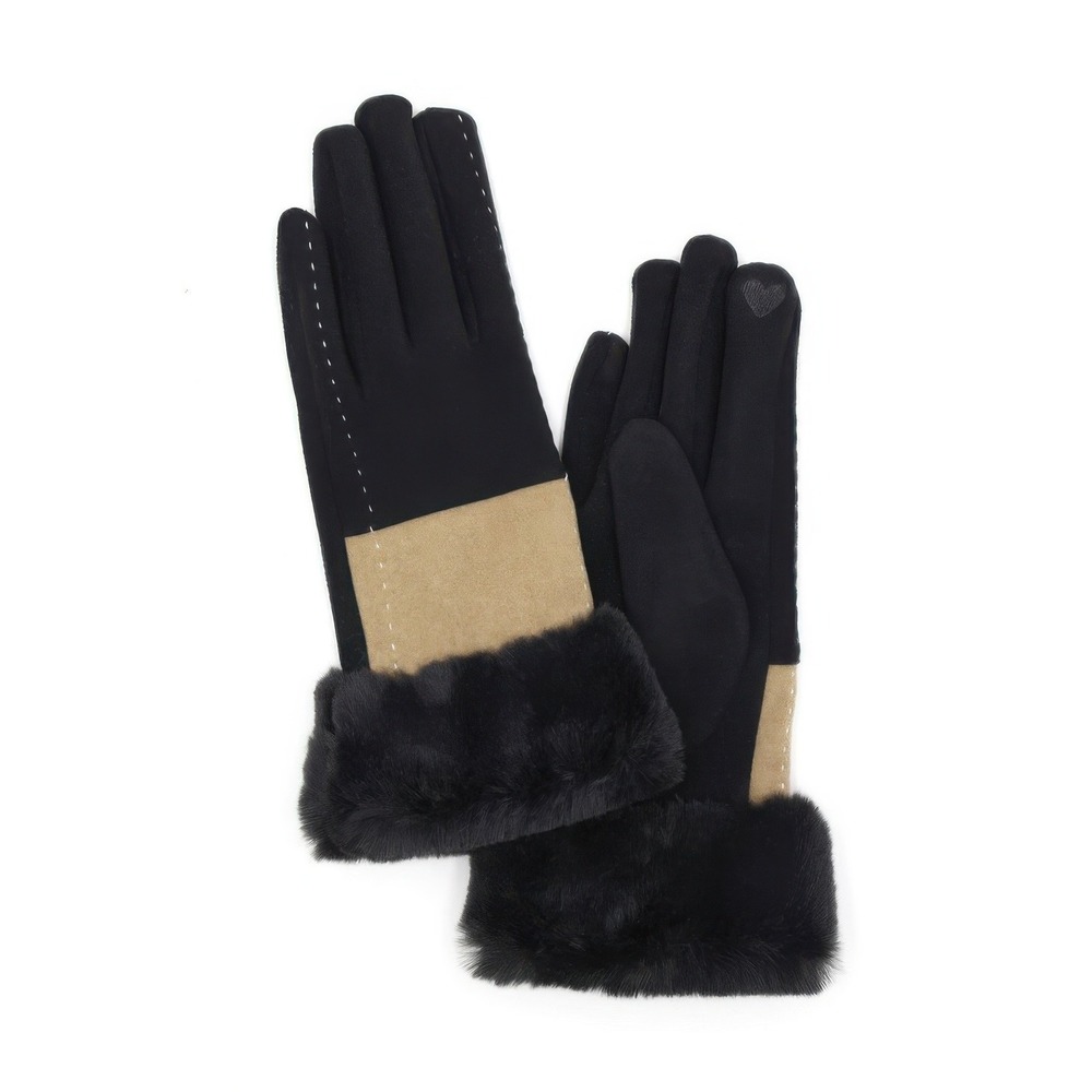Womens Fashion Gloves Black Tan Faux Fur Trim Warm Winter Touchscreen Compatible